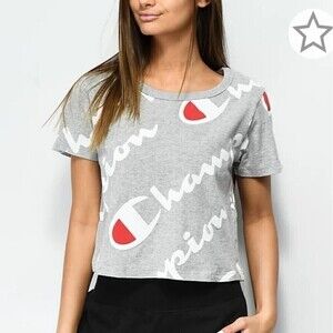 Champion Heritage Athletic Gray All Over Script Logo Crop Top T Shirt Medium